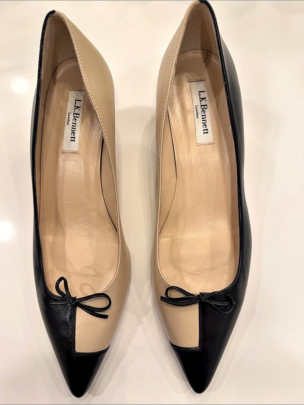 L.K. Bennett Pointed Toe Bow Heels in Black & Tan